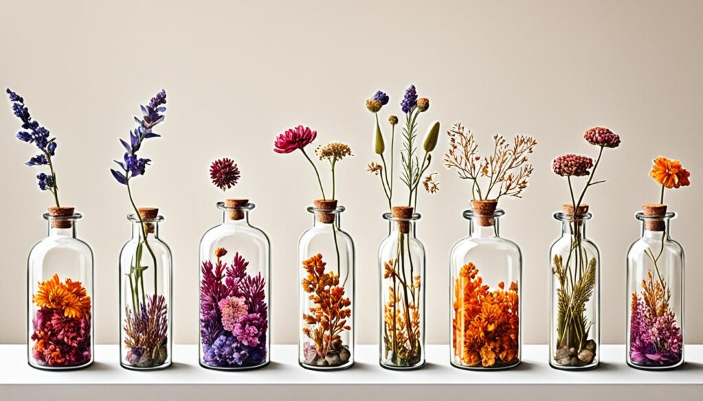 Trockenblumen in Glasflaschen