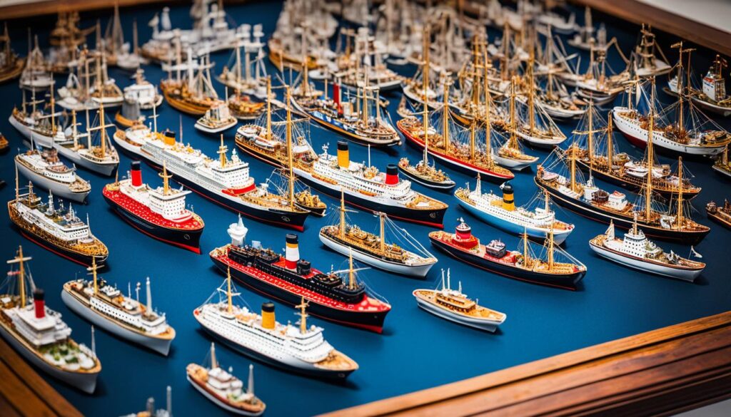 Schiffsgemälde und Miniaturschiffe